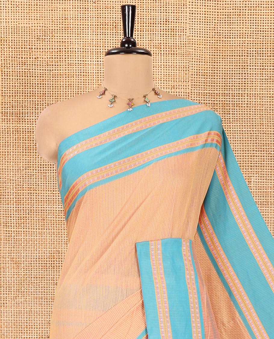 Mustard Mercerised Cotton Saree, Subtly Sparkled with Checks, Contrast Rettai Pettu Border, Striped Pallu, and Matching Blouse