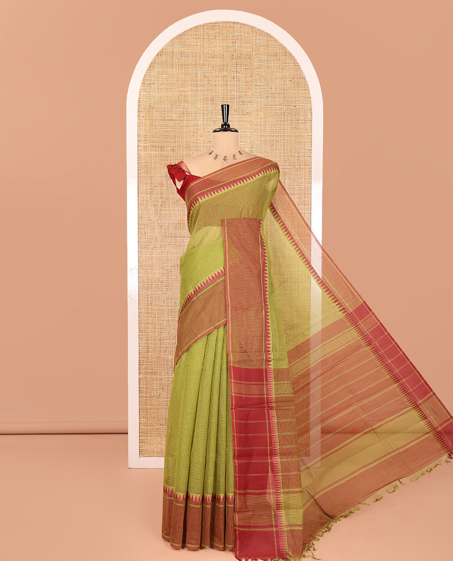 Green Kota Chex Saree with Sparse Checks, Complemented by a Contrast Temple Border, Striped Pallu, and a Contrast Blouse