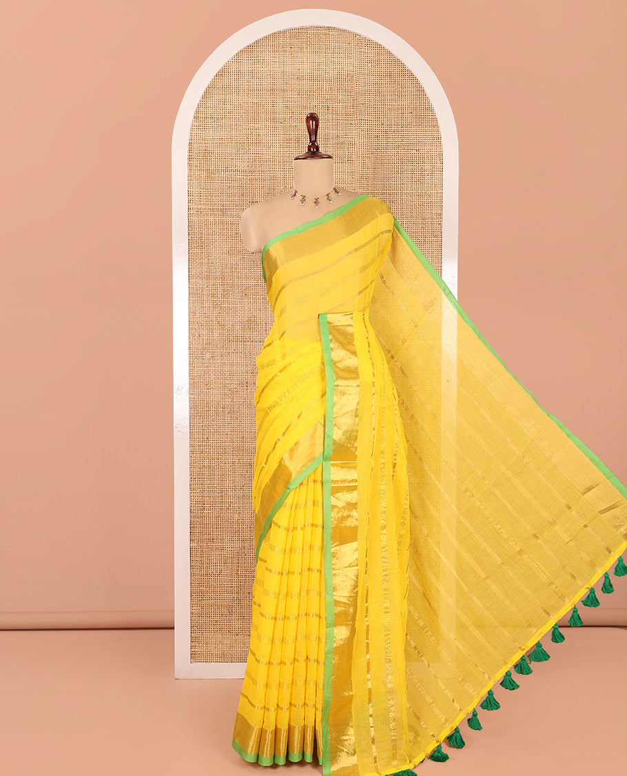 Yellow Khadi Mul Cotton Saree, Steeped with Horizontal Stripes, a Contrast Gold Zari Border, Striped Pallu, and No Blouse