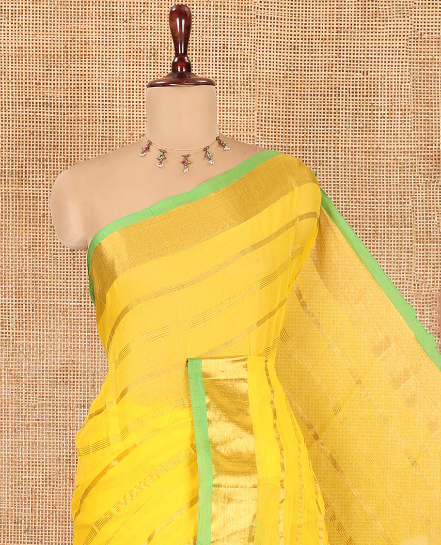 Yellow Khadi Mul Cotton Saree, Steeped with Horizontal Stripes, a Contrast Gold Zari Border, Striped Pallu, and No Blouse