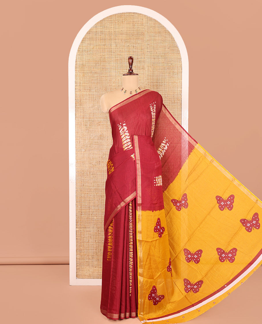 Black Muslin Cotton Saree, Elevated with Shibori Print, a Piping Border, Butterfly Motifs Pallu and a Contrast Blouse