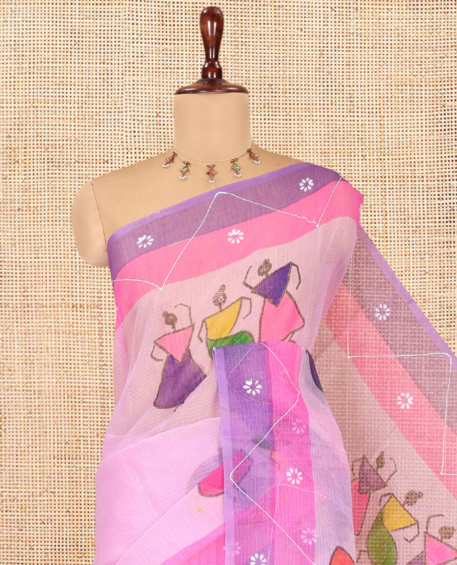 Lavender Kota Doria Saree with Artful Warli Print, a Contrast Border, Village Printed Pallu, and a Matching Blouse