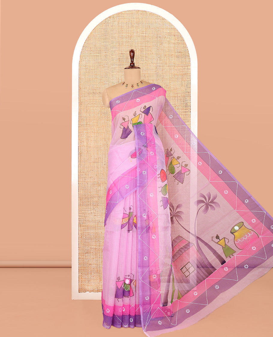 Lavender Kota Doria Saree with Artful Warli Print, a Contrast Border, Village Printed Pallu, and a Matching Blouse
