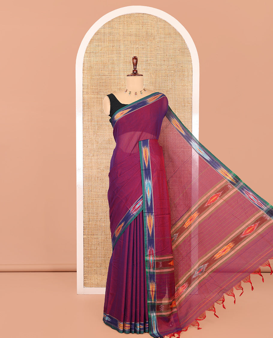 Violet Plain Mercerised Cotton Saree, a Contrast Ikat Border, an Ikat Weave Pallu, and a Matching Blouse