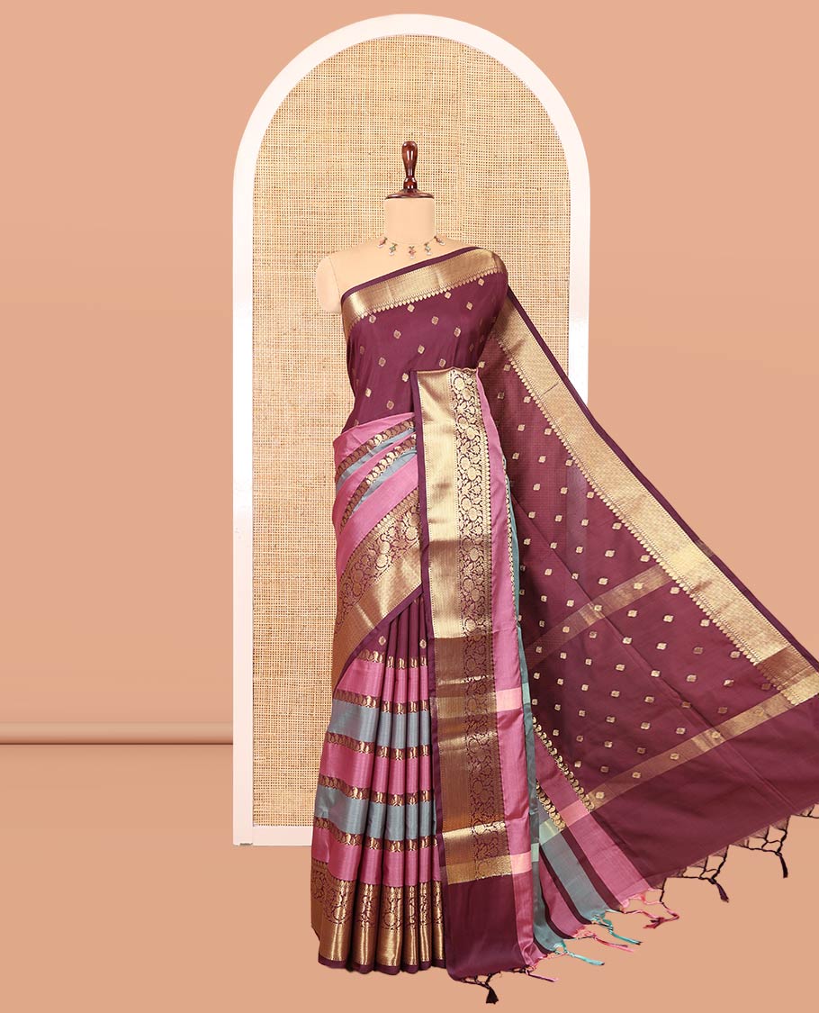 Purple Semi-Katan Silk Saree, Adorned with Zari Designs, Contrast Floral Creeper Border, Self-Pallu, and Matching Blouse