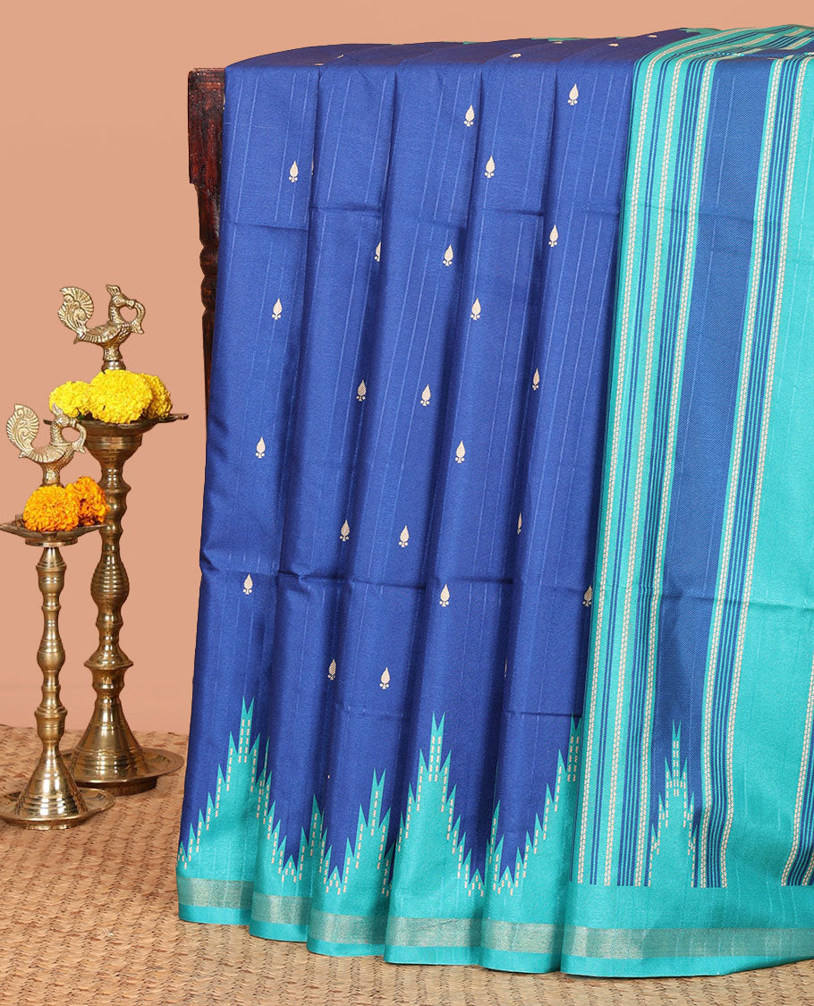Blue Kathan Silk Saree Adorned with Buttas, Contrast Temple Border, Temple pallu, and Striped Blouse