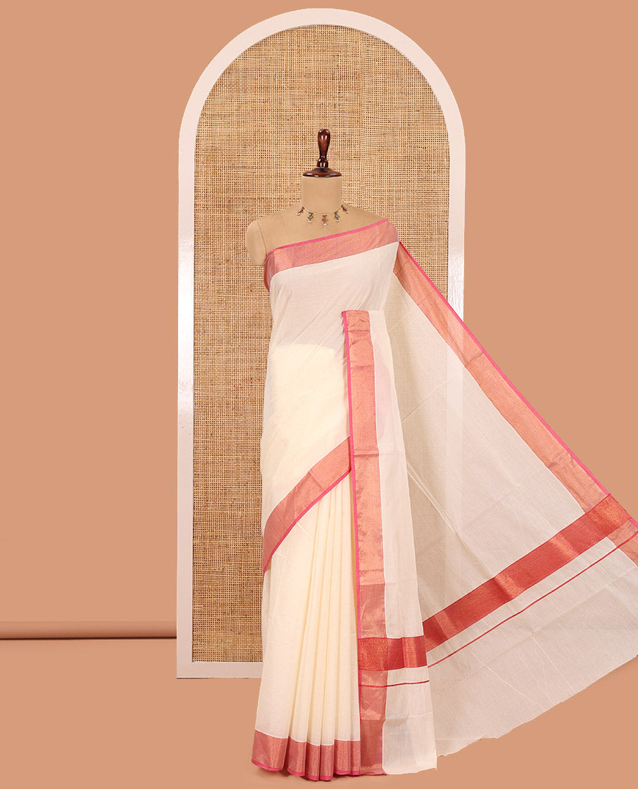 Cream Plain Kerala Cotton Saree, Contrast Tissue Border, a Matching Blouse