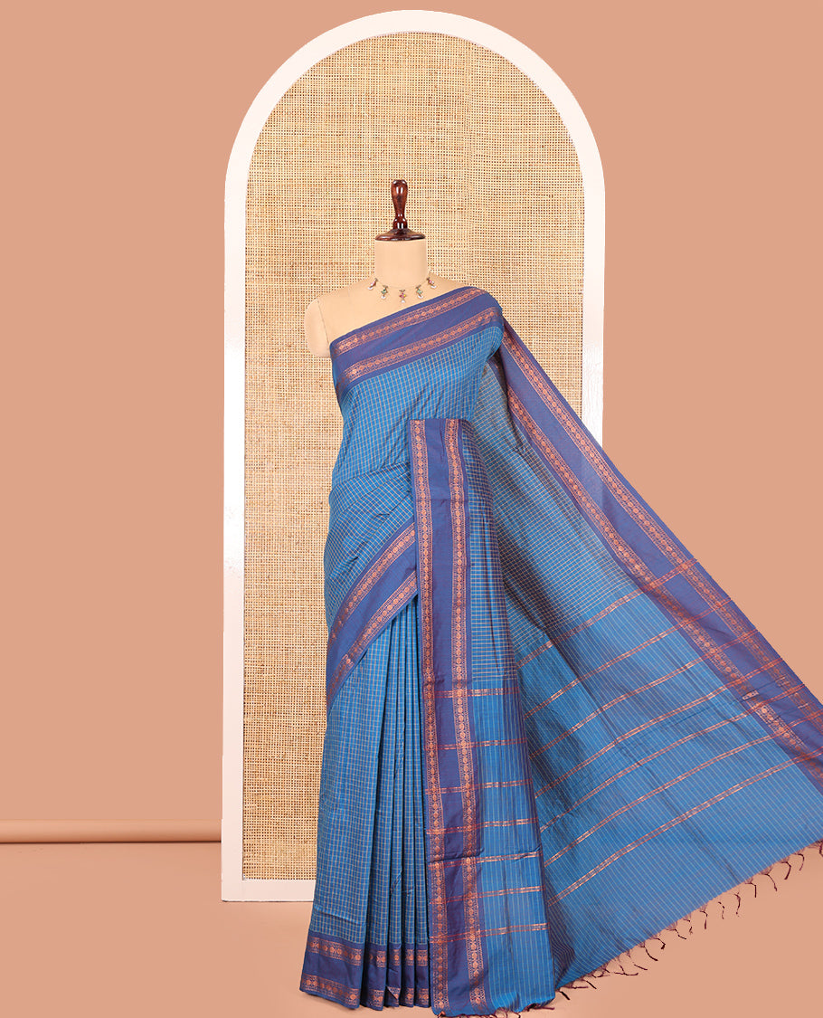 Blue Checked Kalyani Cotton Saree, Contrast Rettai Pettu Rudraksham Border and a Matching Blouse