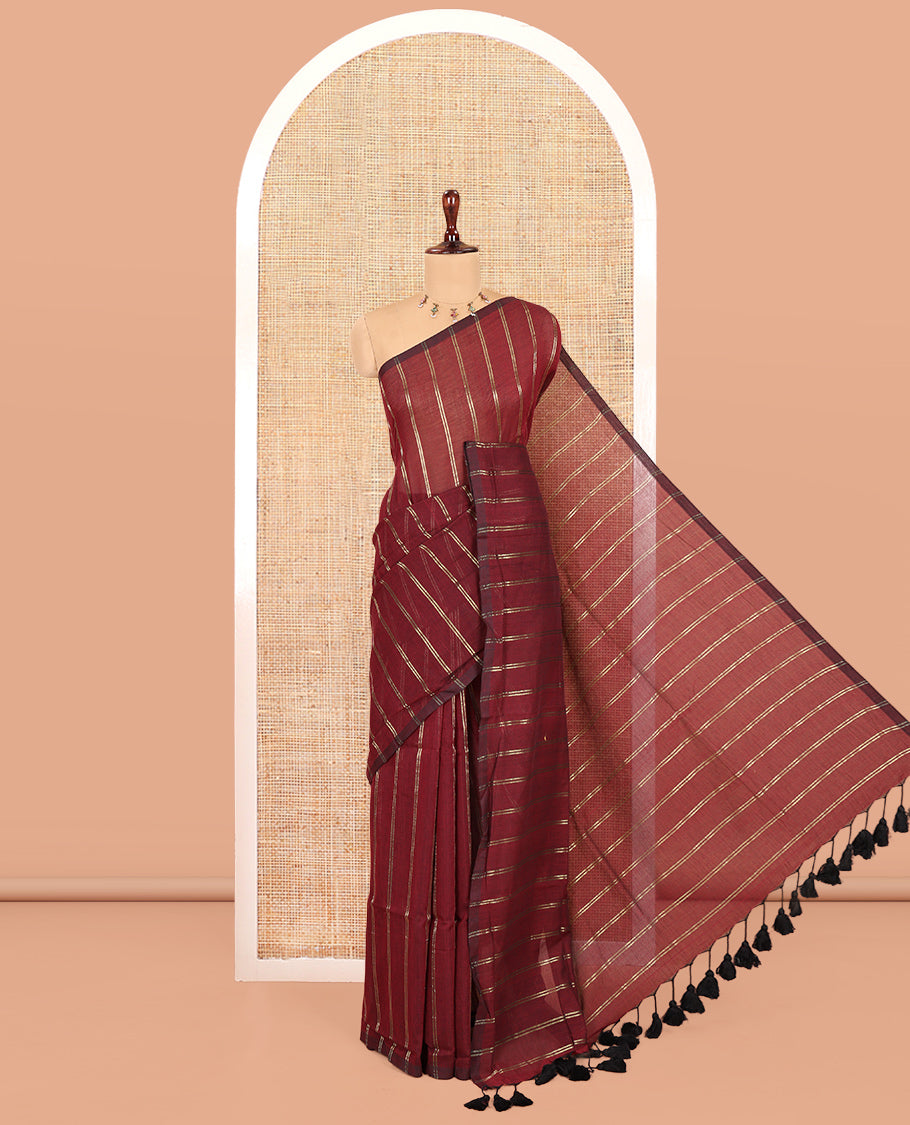 Borderless Wine Khadi Mul Cotton Saree, Adorned with Vertical Zari Stripes, a Self-Pallu, and No Blouse