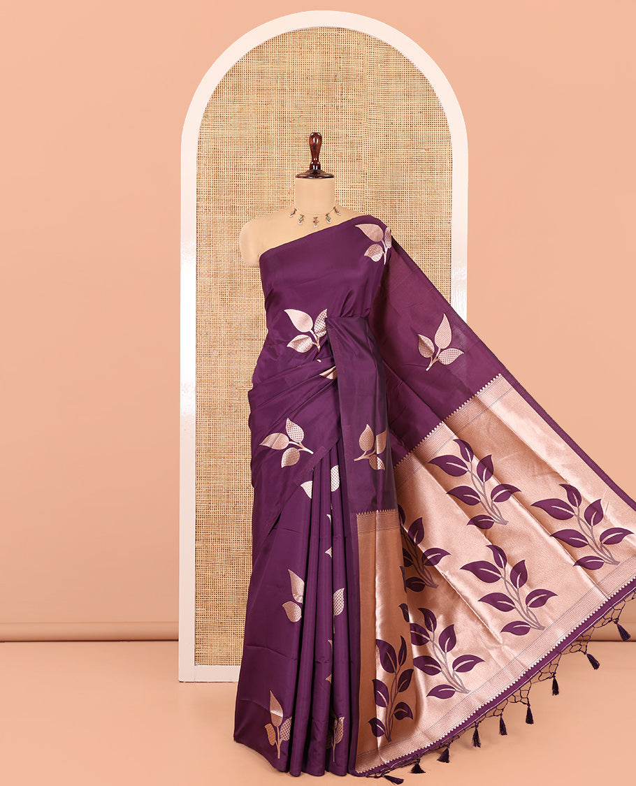 Borderless Dark Violet Elite Soft Silk Saree, Mesmerized with Leaf Motifs, a Self-Pallu of Floral Designs, and a Matching Blouse