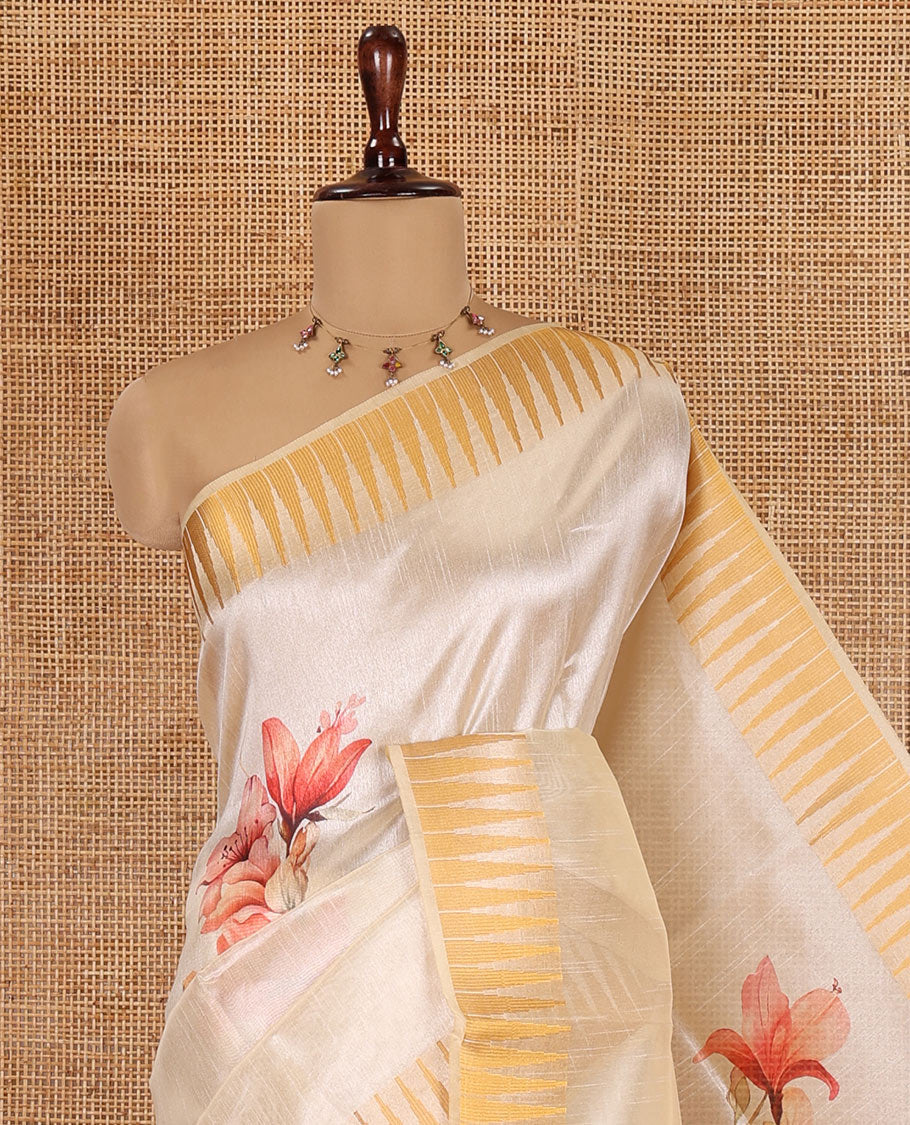 Cream Semi-Tussar Saree, Beautified with Floral Print, Zari Temple Border, and a Matching Blouse