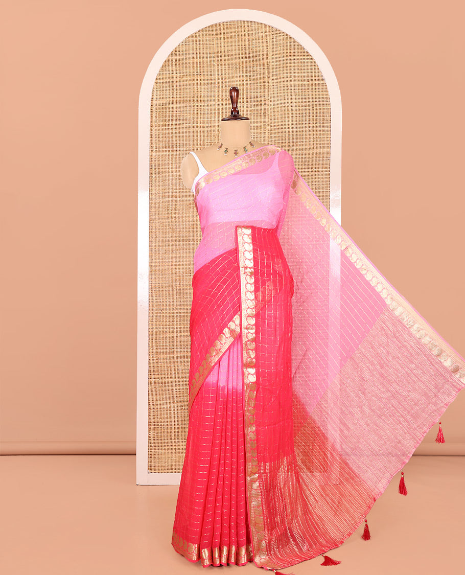 Baby Pink-Rani Pink Chiffon Saree, Decorated with Dual-Dyed and Zari Checks, Paisley Border, Striped Pallu, Contrast Blouse