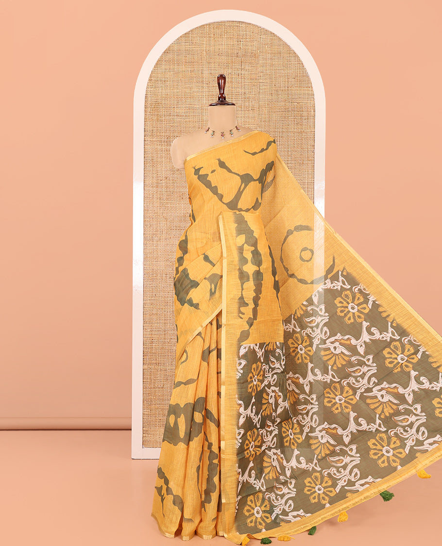 Mustard Linen Cotton Saree, Adorned with Shibori Print, Gold Piping Border, Contrast Floral Printed Pallu, and Contrast Floral Printed Blouse