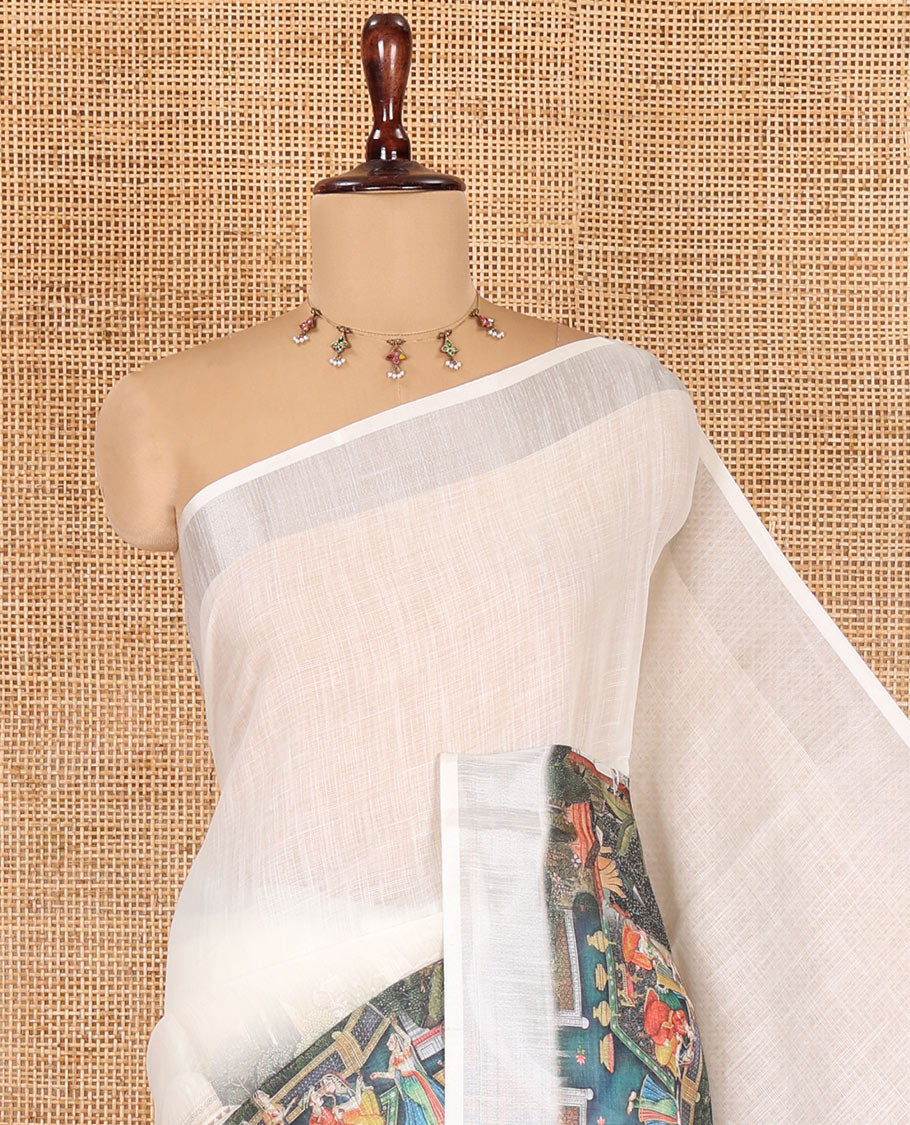 Cream-Orange Linen Cotton Saree Features Plain and Mughal-Style Print, a Zari Border, Printed Pallu, and a Contrast Blouse