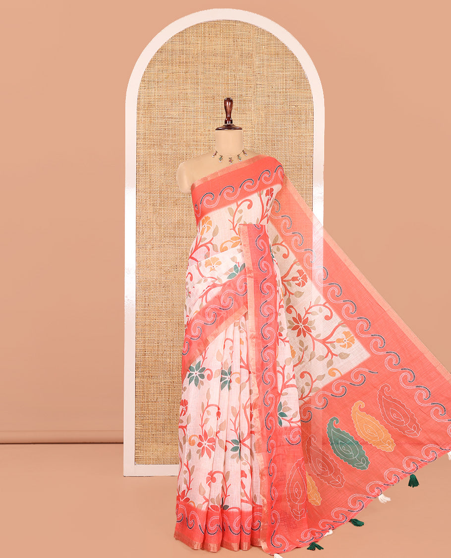 Tomato Pink Linen Cotton Saree Features Floral Vine Print, a Contrast Border, Paisley-Printed Pallu, and a Contrast Blouse