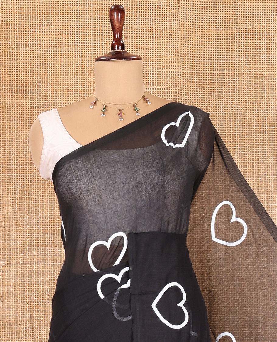 Borderless Black Khadi Mul Cotton Saree, Steeped with Heart Motifs Print, and No Blouse
