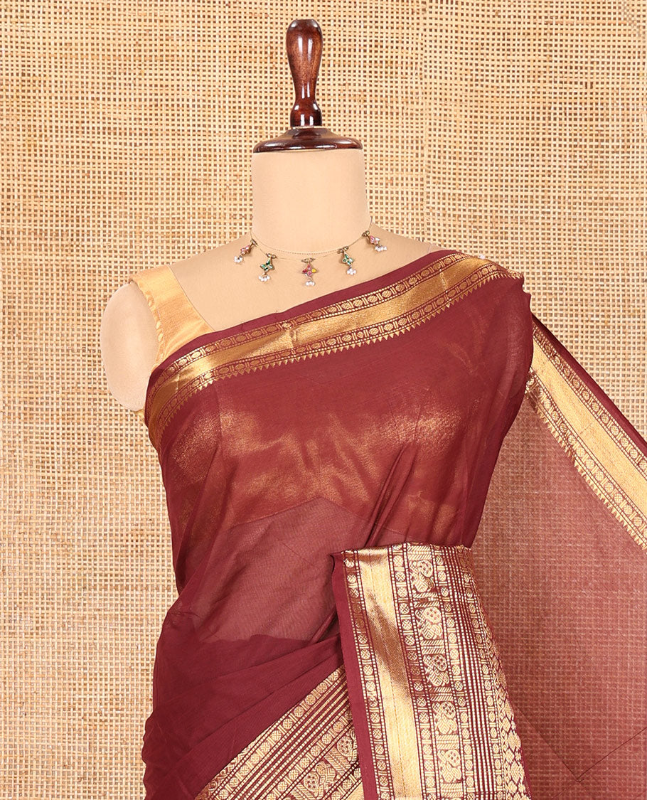 Maroon Plain Chettinad Cotton Saree, Highlighted by Traditional Kanchi Border, Striped Pallu, a Matching Blouse