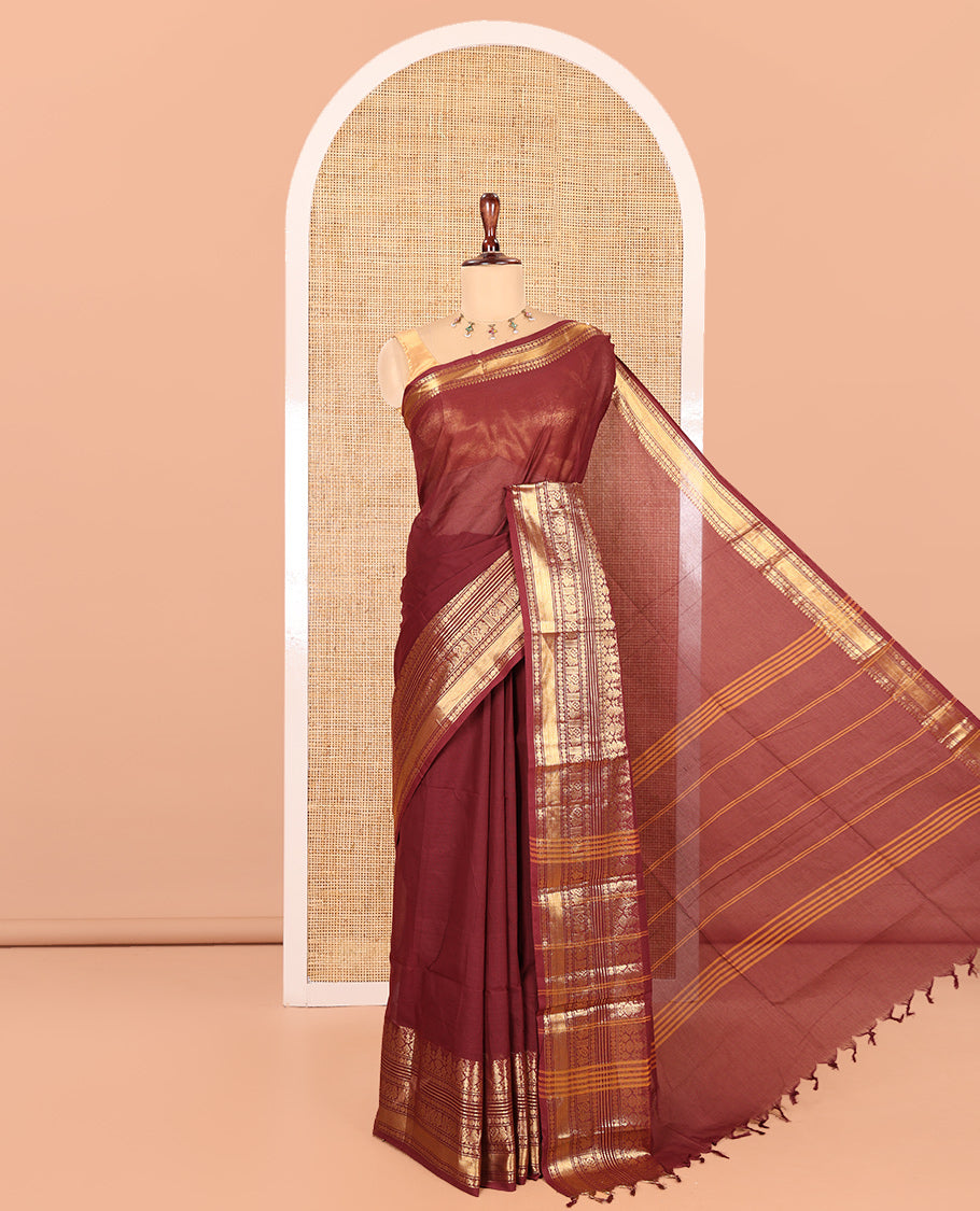 Maroon Plain Chettinad Cotton Saree, Highlighted by Traditional Kanchi Border, Striped Pallu, a Matching Blouse