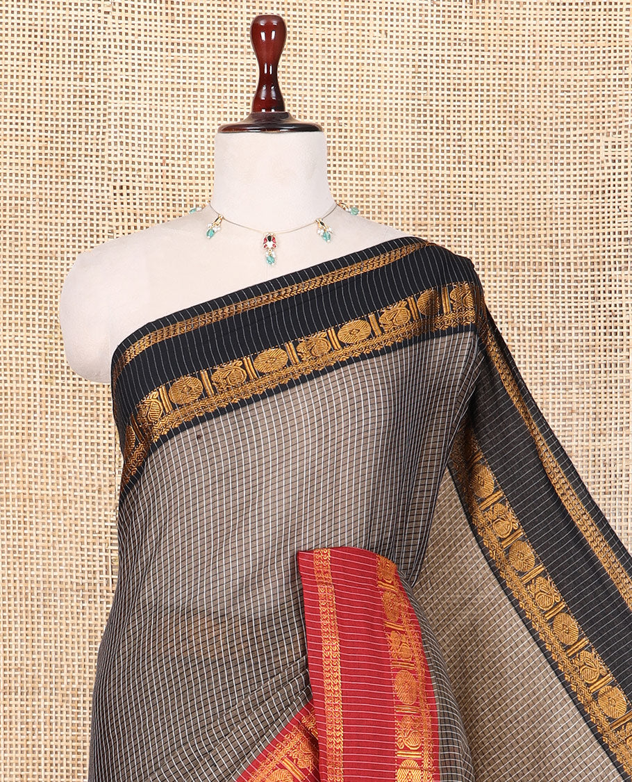 Dark Brown Checked Mercerised Cotton Saree, Contrast Ganga-Jamuna Traditional Border, and Matching Blouse