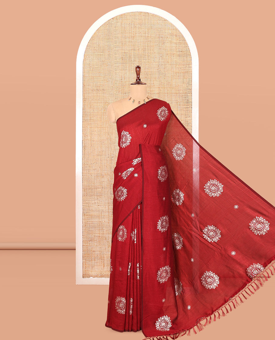 Borderless Maroon Vichitra Silk Saree, Enriched with Circle Buttas, a Self-Pallu, and No Blouse