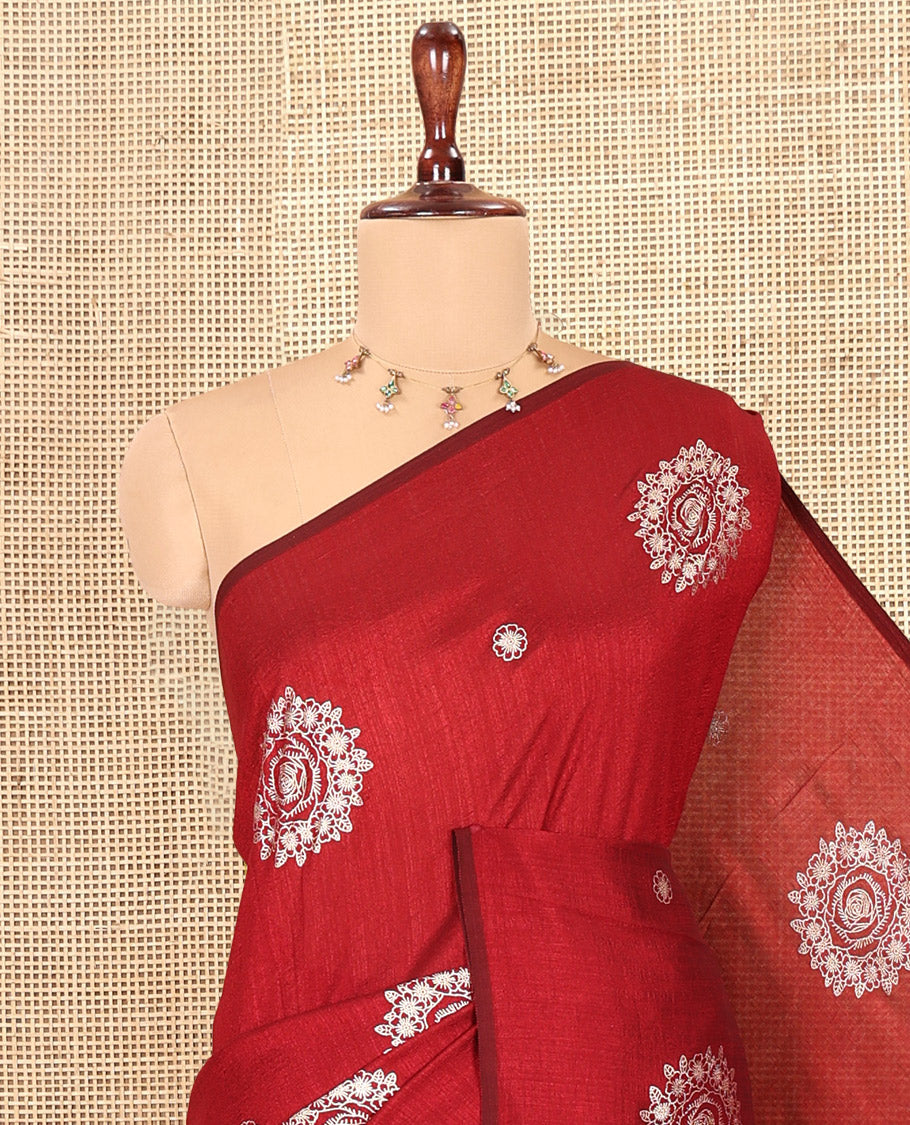 Borderless Maroon Vichitra Silk Saree, Enriched with Circle Buttas, a Self-Pallu, and No Blouse
