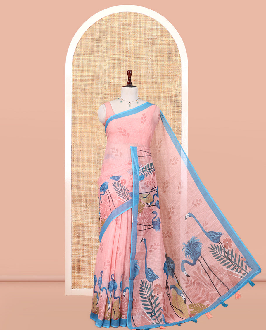 Peach Linen Cotton Saree, Elevated with Floral Crane Motifs Print, a Contrast Border, and a Contrast Blouse