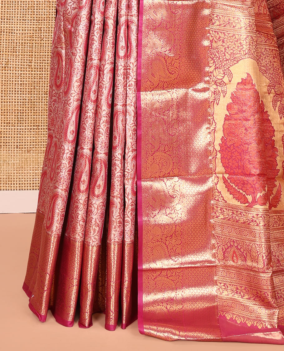 Pink Art Silk Saree, Embellished with Floral-Paisley Jacquard Design, a Traditional Zari Border, Intricate Pallu, and a Matching Blouse