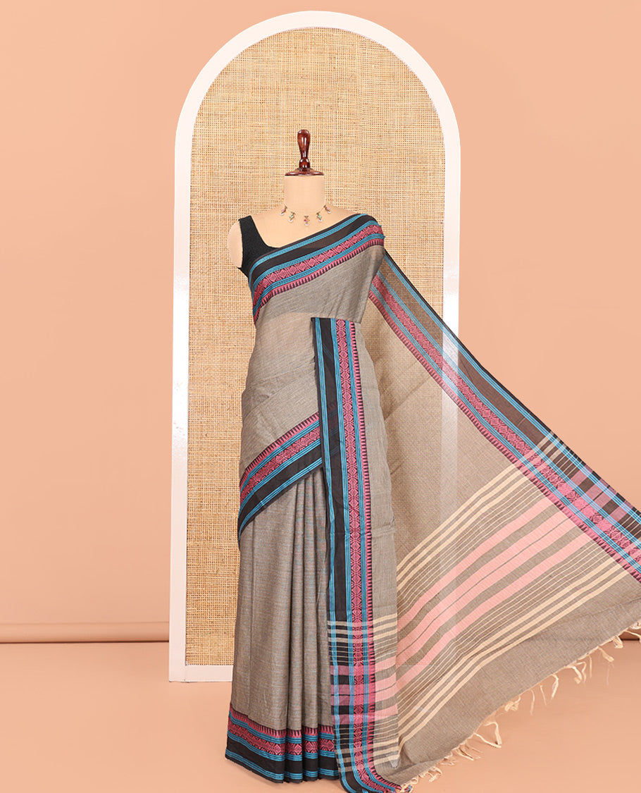 Grey Plain Chettinad Cotton Saree, a Contrast Traditional Thread Border, and a Contrast Blouse