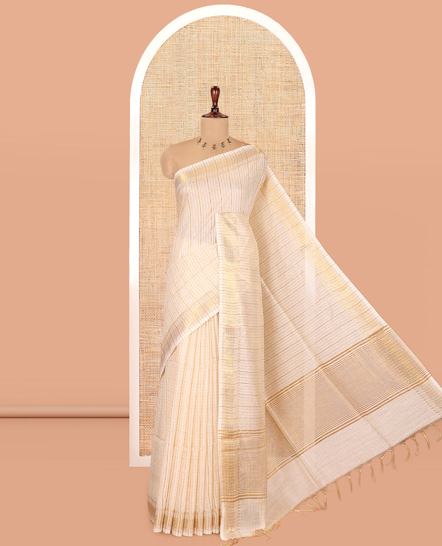 Cream Bhagalpur Cotton Saree, Elevated with Micro-Checks, a Temple Zari Traditional Border, Zari Woven Pallu, and a Matching Blouse