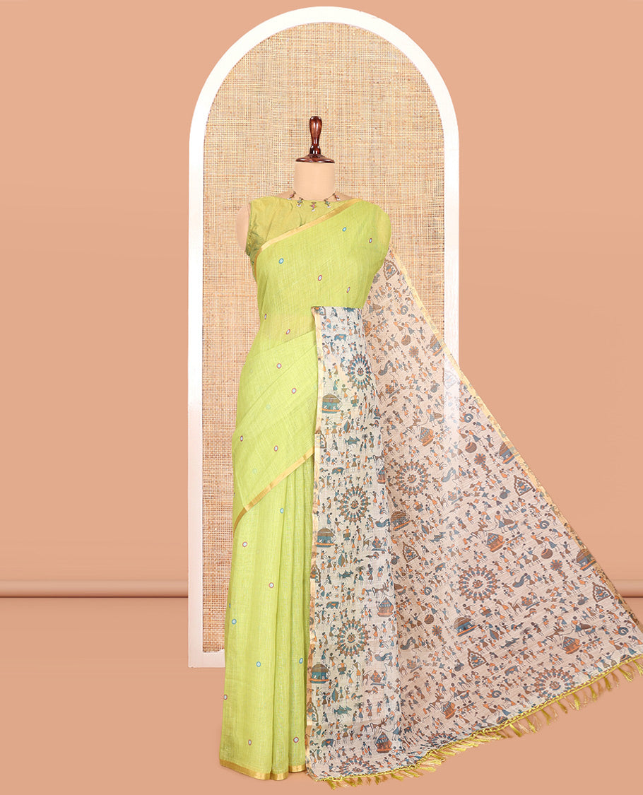 Parrot Green Linen Cotton Saree, Adorned with Mirrorwork, a Piping Border, Contrast Warli Printed Pallu, Contrast Blouse