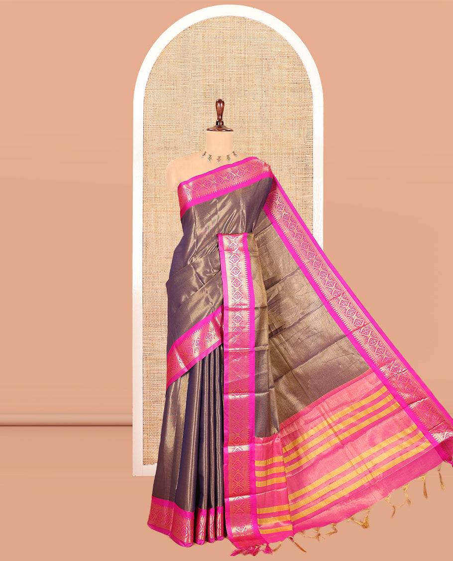 Navy Blue Plain Tissue Cotton Saree, Contrast Traditional Border, Striped Pallu, and Contrast Blouse