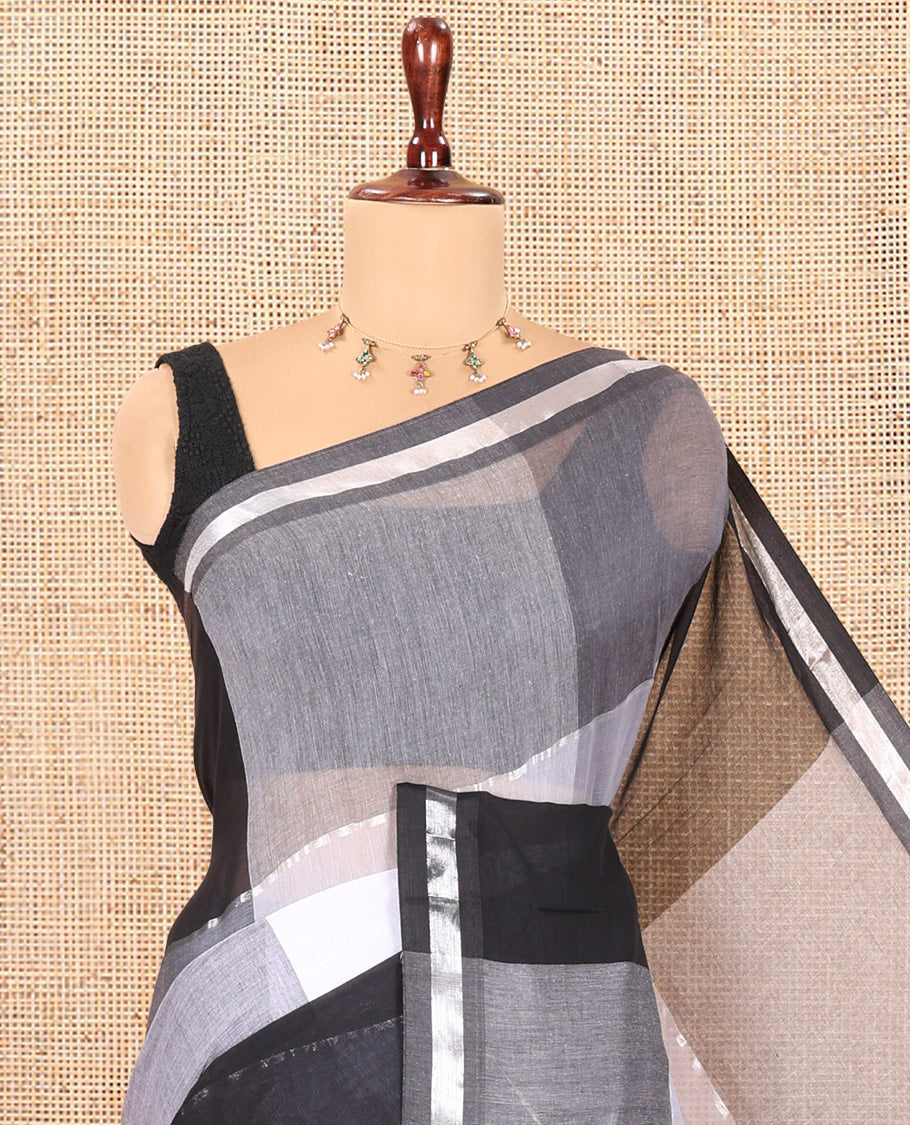 Grey Big Checked Khadi Mul Cotton Saree, a Piping Border, Striped Pallu, and No Blouse