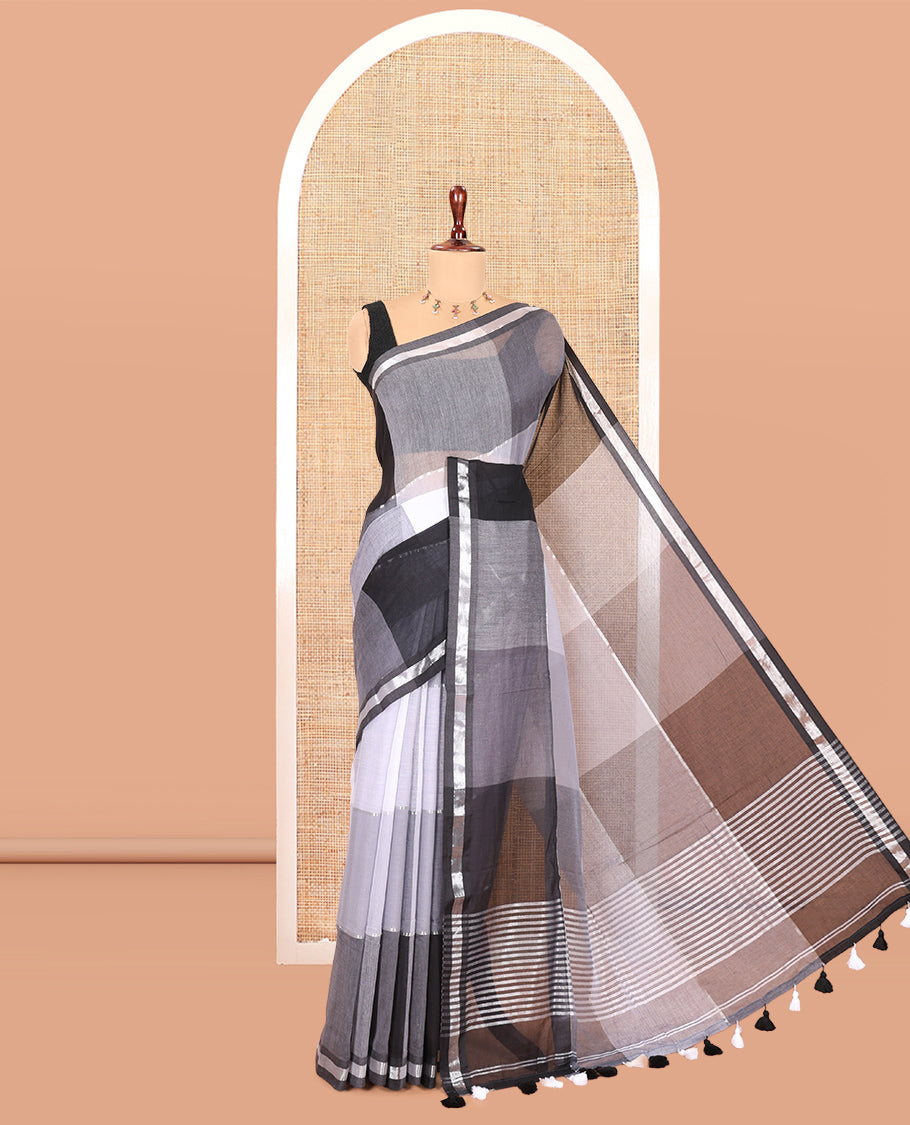 Grey Big Checked Khadi Mul Cotton Saree, a Piping Border, Striped Pallu, and No Blouse