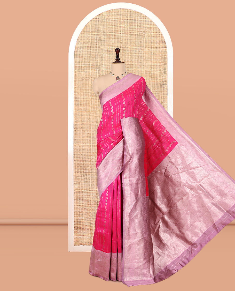 Rani Pink Semi-Kanchi Silk Saree Features Zari Design, a Contrast Traditional Border, Grand Pallu, and Contrast Blouse