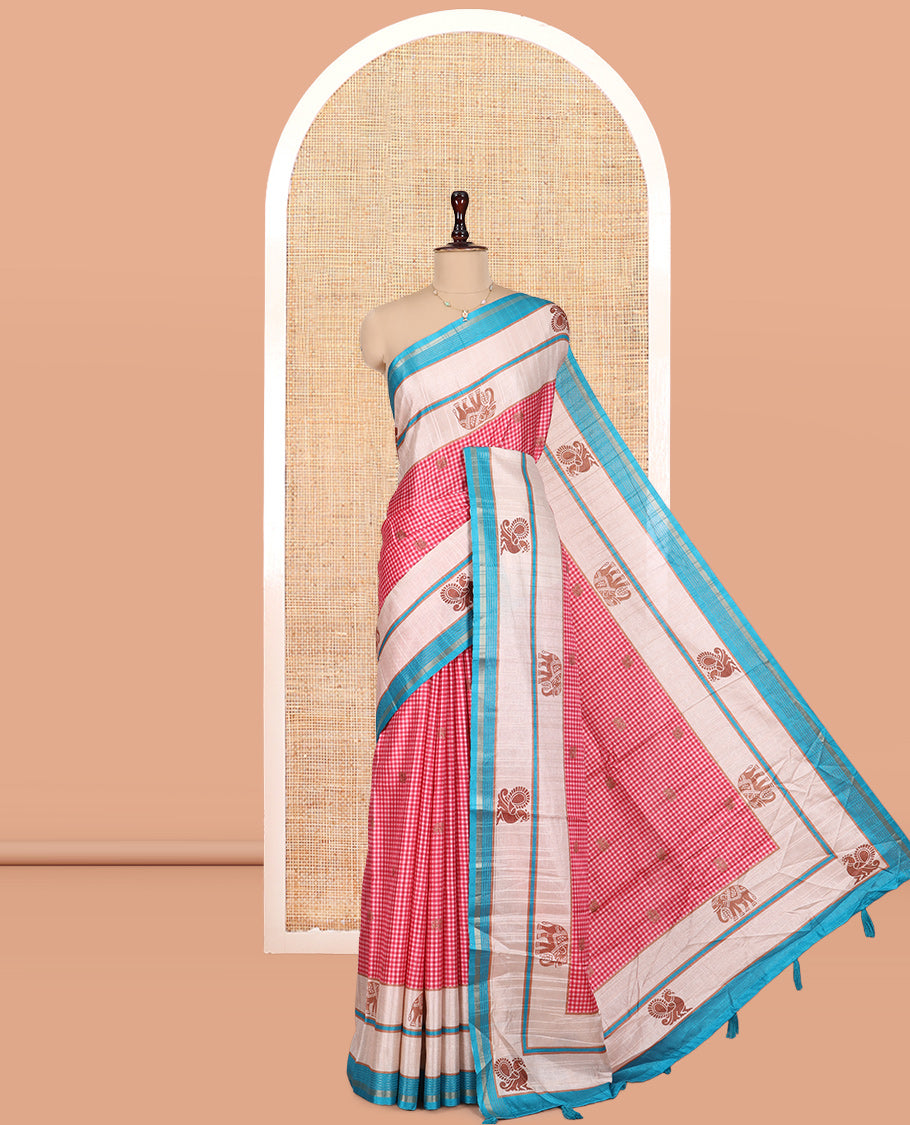 Red Semi-Raw Silk Saree Features Buttas and Micro-Checks, Contrast Peacock-Elephant Border, Contrast Blouse