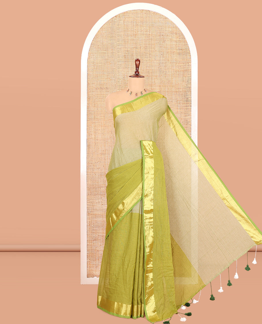 Pista Green-Mehenti Half-And-Half Plain Khadi Mul Cotton Saree, with a Zari Border, and No Blouse