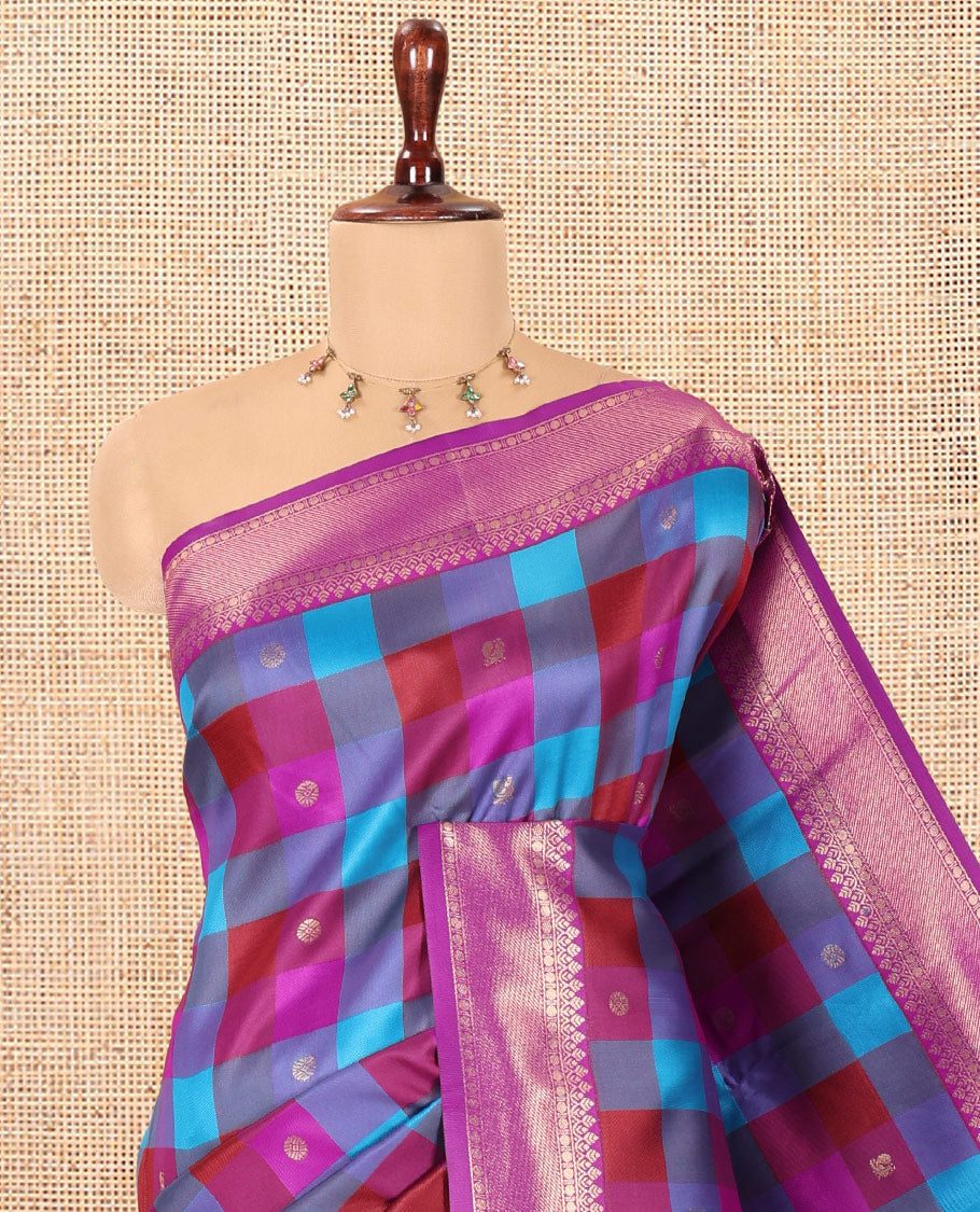 Violet Buttas-Checked Semi-Kanchi Silk Saree, a Traditional Border, Grand Pallu, Matching Blouse