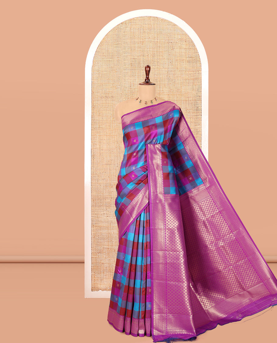 Violet Buttas-Checked Semi-Kanchi Silk Saree, a Traditional Border, Grand Pallu, Matching Blouse
