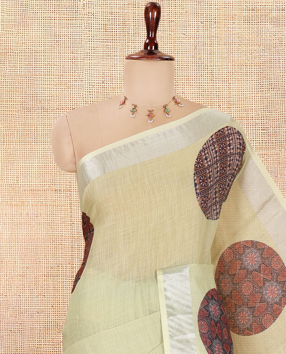 Pista Green Linen Cotton Saree Features Ajrakh Geometric Print, a Zari Border, Printed Pallu, Contrast Blouse