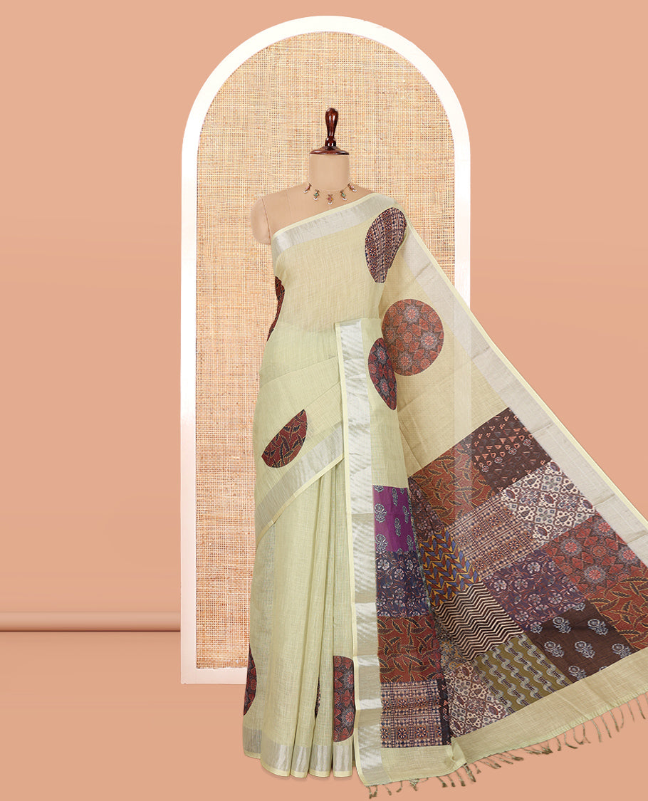 Pista Green Linen Cotton Saree Features Ajrakh Geometric Print, a Zari Border, Printed Pallu, Contrast Blouse