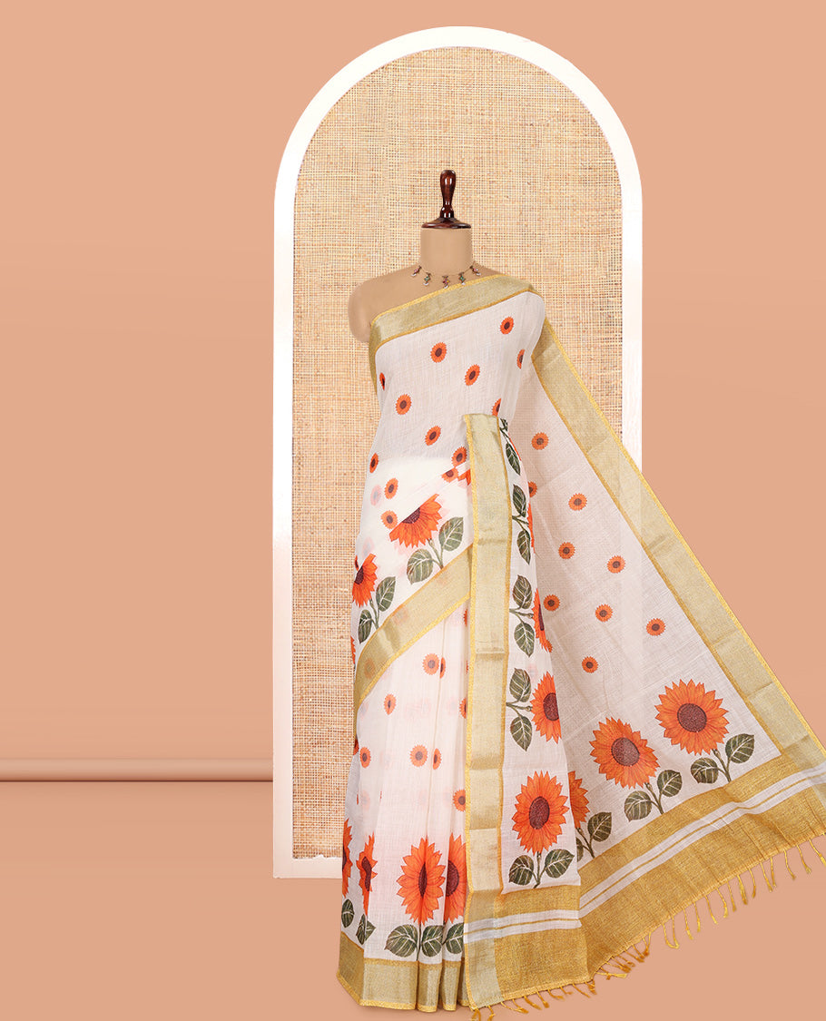 Cream Sunflower Printed Linen Cotton Saree, a Contrast Zari Border, and a Contrast Blouse