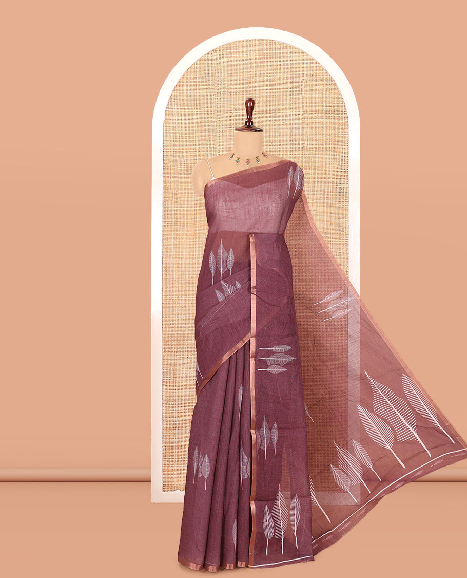 Wine Linen Cotton Saree Features Tree Print, a Zari Piping Border, and a Matching Blouse