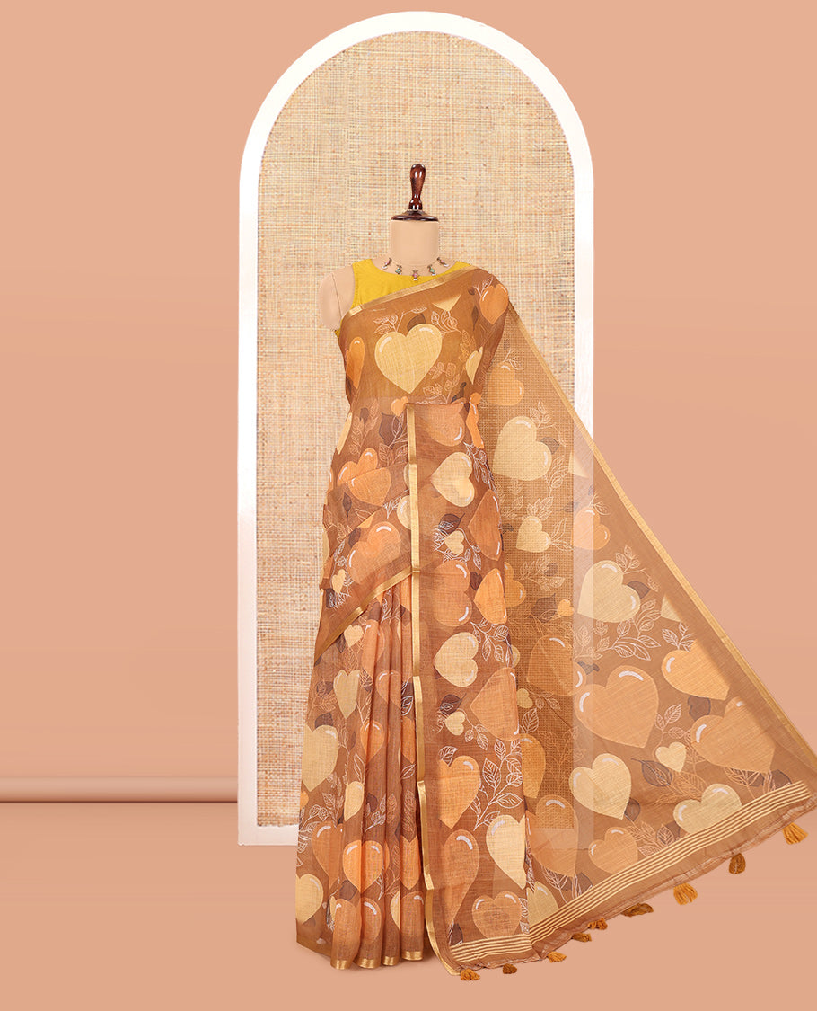 Borderless Brown Heart Motifs Printed Linen-Cotton Saree, a Self-Printed Pallu, and a Matching Blouse
