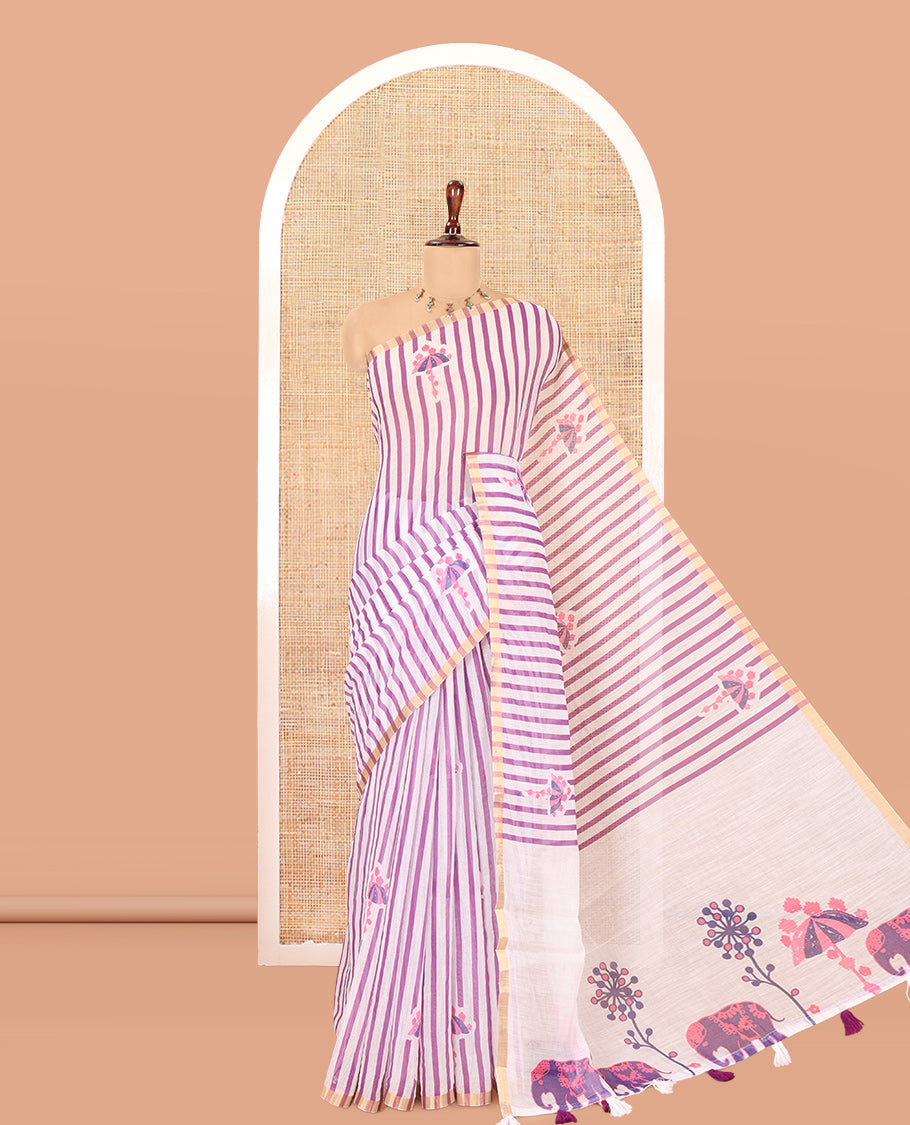 Borderless White-Violet Linen Cotton Saree, Adorned with Vertical Stripes, an Umbrella Print, and a Matching Blouse