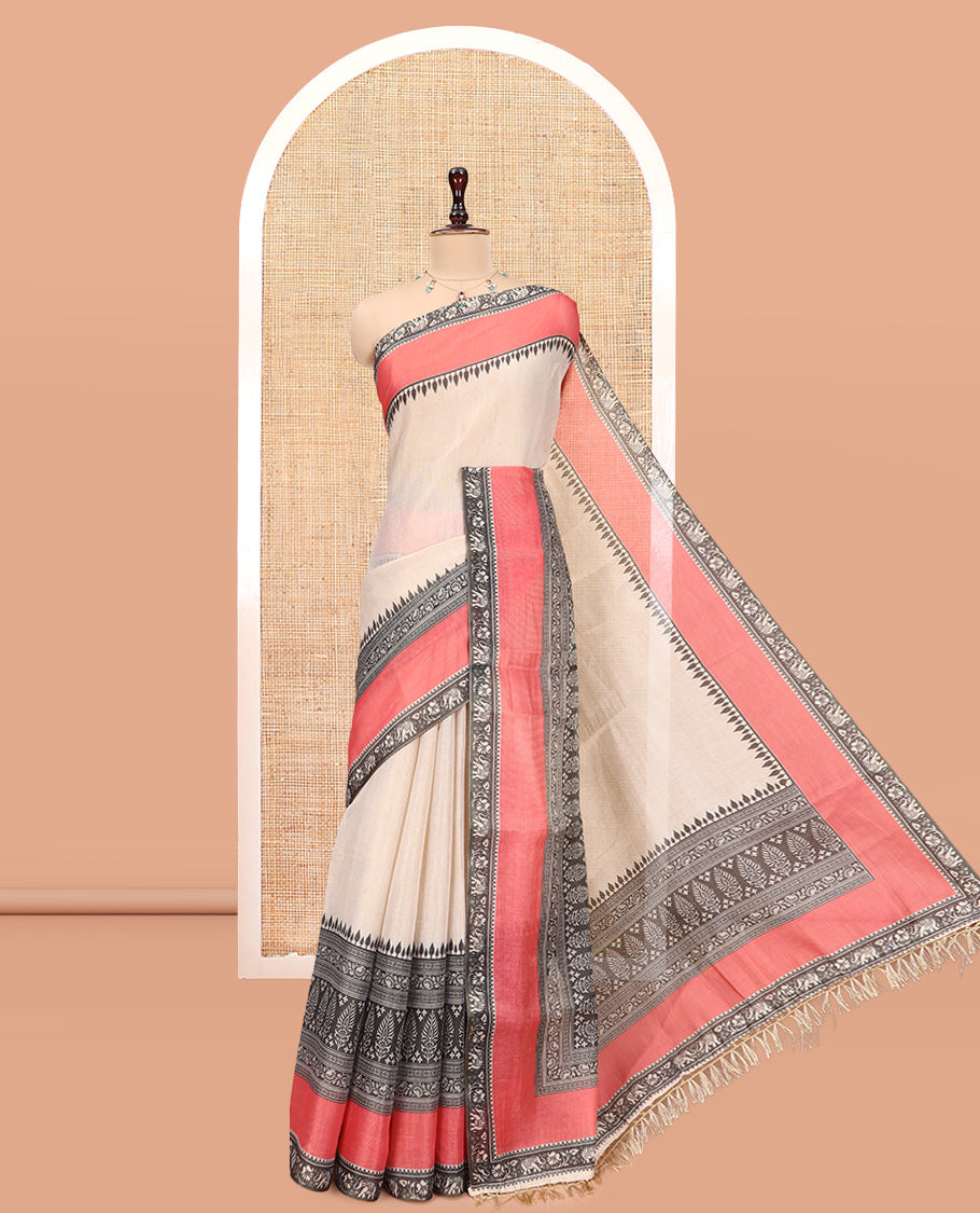 Gold Plain Tissue Saree, Complemented by a Contrast Intricately Block Printed Border, and a Contrast Blouse