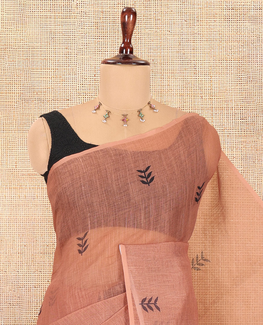 Borderless Brown Linen Cotton Saree, Adorned with Leaf Print, a Contrast Leaf-Printed Pallu, and Contrast Blouse