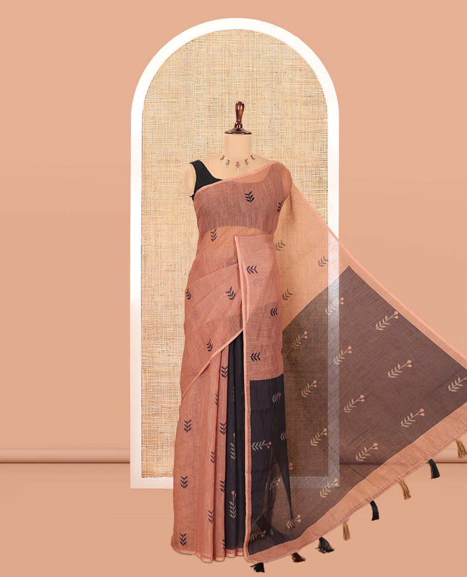 Borderless Brown Linen Cotton Saree, Adorned with Leaf Print, a Contrast Leaf-Printed Pallu, and Contrast Blouse