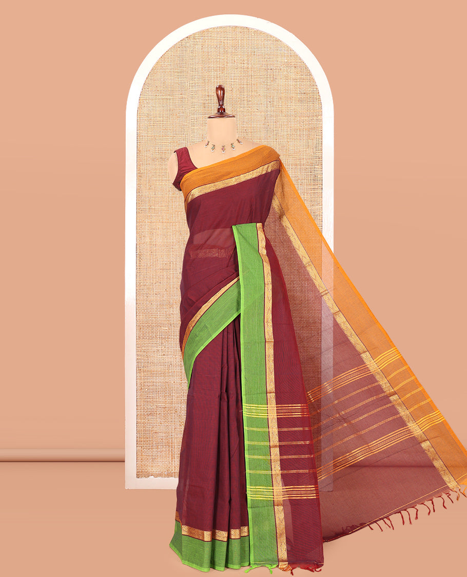 Red Plain Chettinad Cotton Saree, Contrast Ganga-Jamuna Border, Striped Pallu, and a Matching Blouse