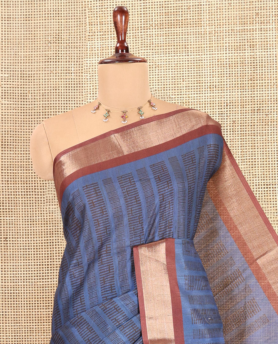 Blue Art Tussar Saree, Adorned with Geometric Patterns, a Contrast Zari Border, a Geometric Pallu, and a Contrast Blouse