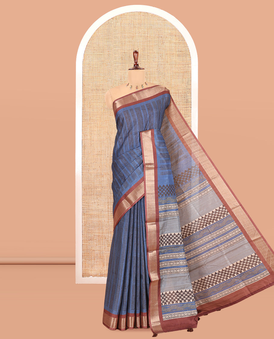 Blue Art Tussar Saree, Adorned with Geometric Patterns, a Contrast Zari Border, a Geometric Pallu, and a Contrast Blouse